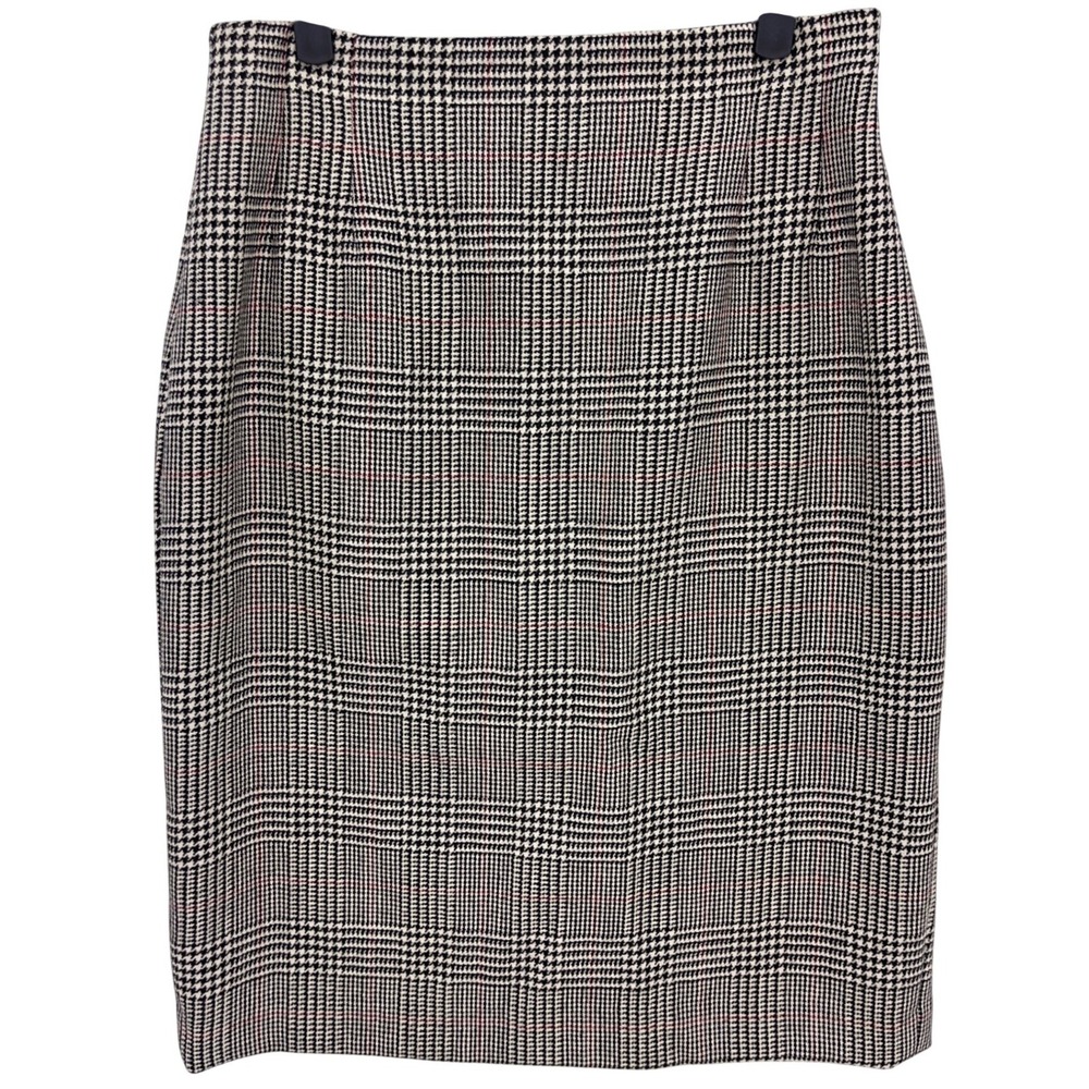 Liz Claiborne Black Plaid Wool Skirt 12 Houndstooth Glen Check Pencil Midi